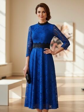 Zulily Cobalt Blue & Black Lace Midi Dress – Elegant Flare, Size 4